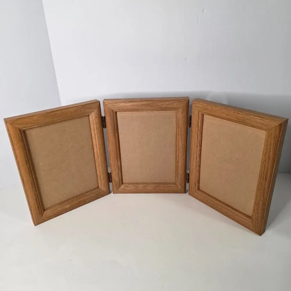 Vintage Triple Hinged Wood Picture Frame Folding 3 Photo Tabletop Display
